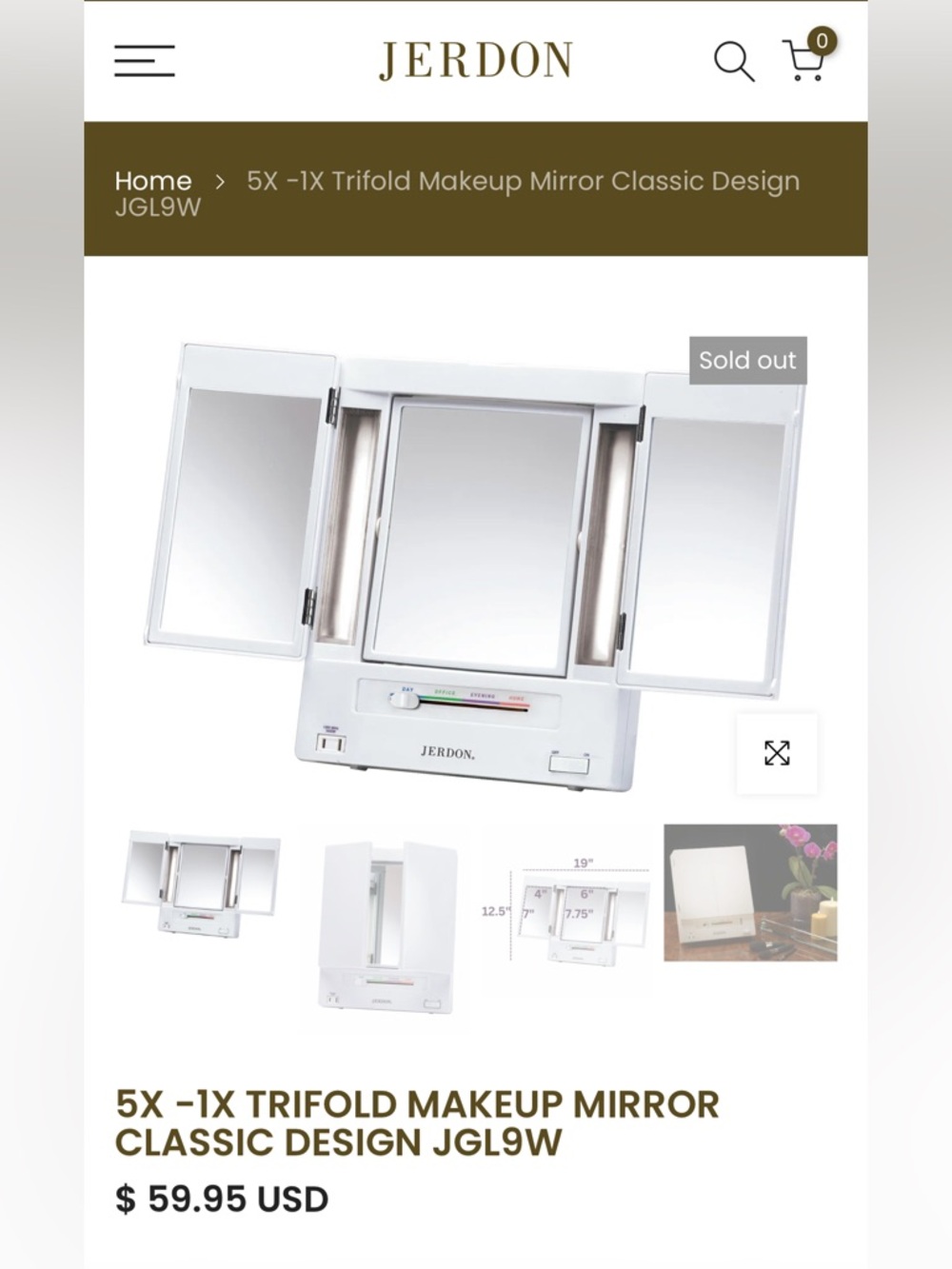 JERDON First Class Lighted Tri-Fold Makeup Mirror - White 5x - Picture 13 of 13